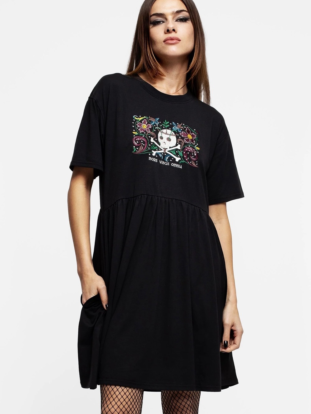 Disturbia “Death Conquers”Black Embroidered Skater Dress w/Skull Motif